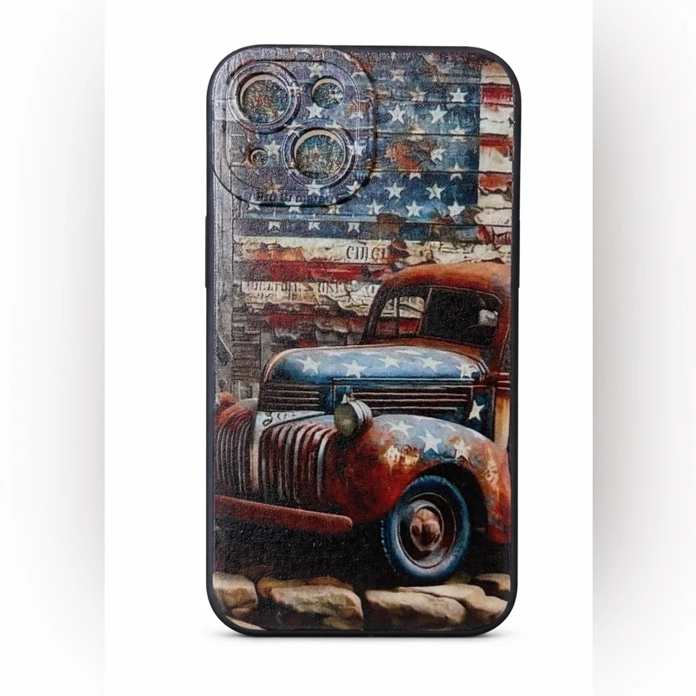 iPhone Phone Case American Flag Vintage Truck Black TPU Shockproof Case